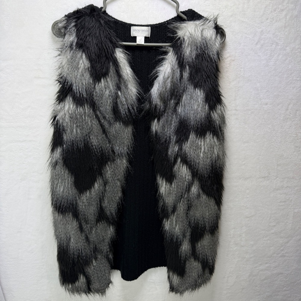 Bisou Bisou Womens Large Faux Fur Open Front Cardigan Vest Black Grey Knit